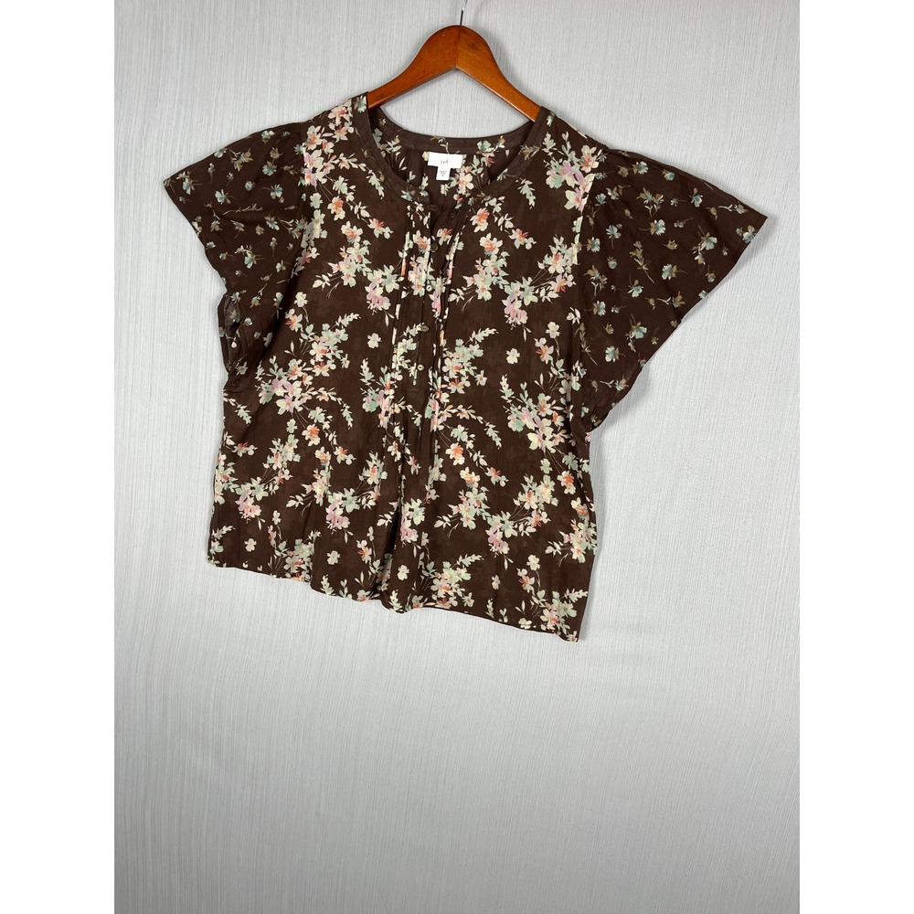 J. Jill Flutter Sleeve Blouse Womens M Brown Floral Cotton Gauze Metal Buttons